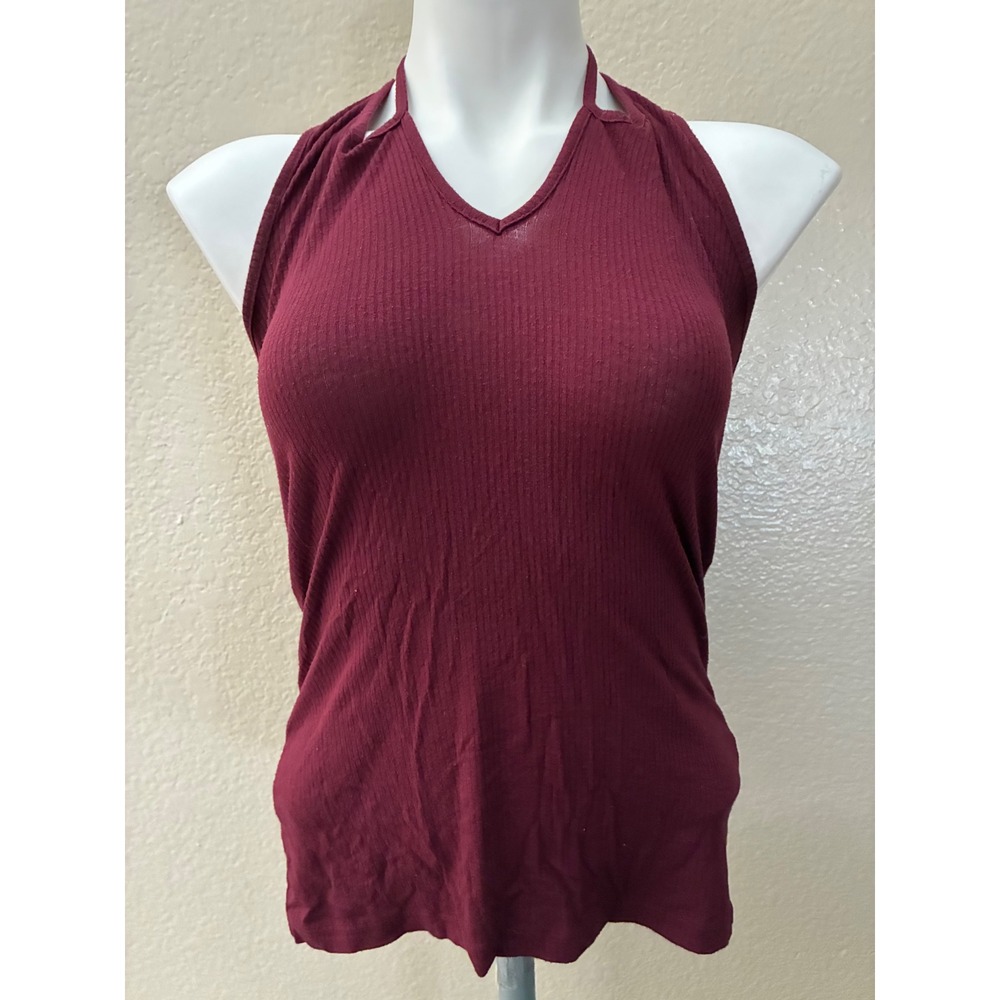 Ambiance Apparel Burgundy Ribbed Halter Neck Tank Top V-Neck Maroon Small